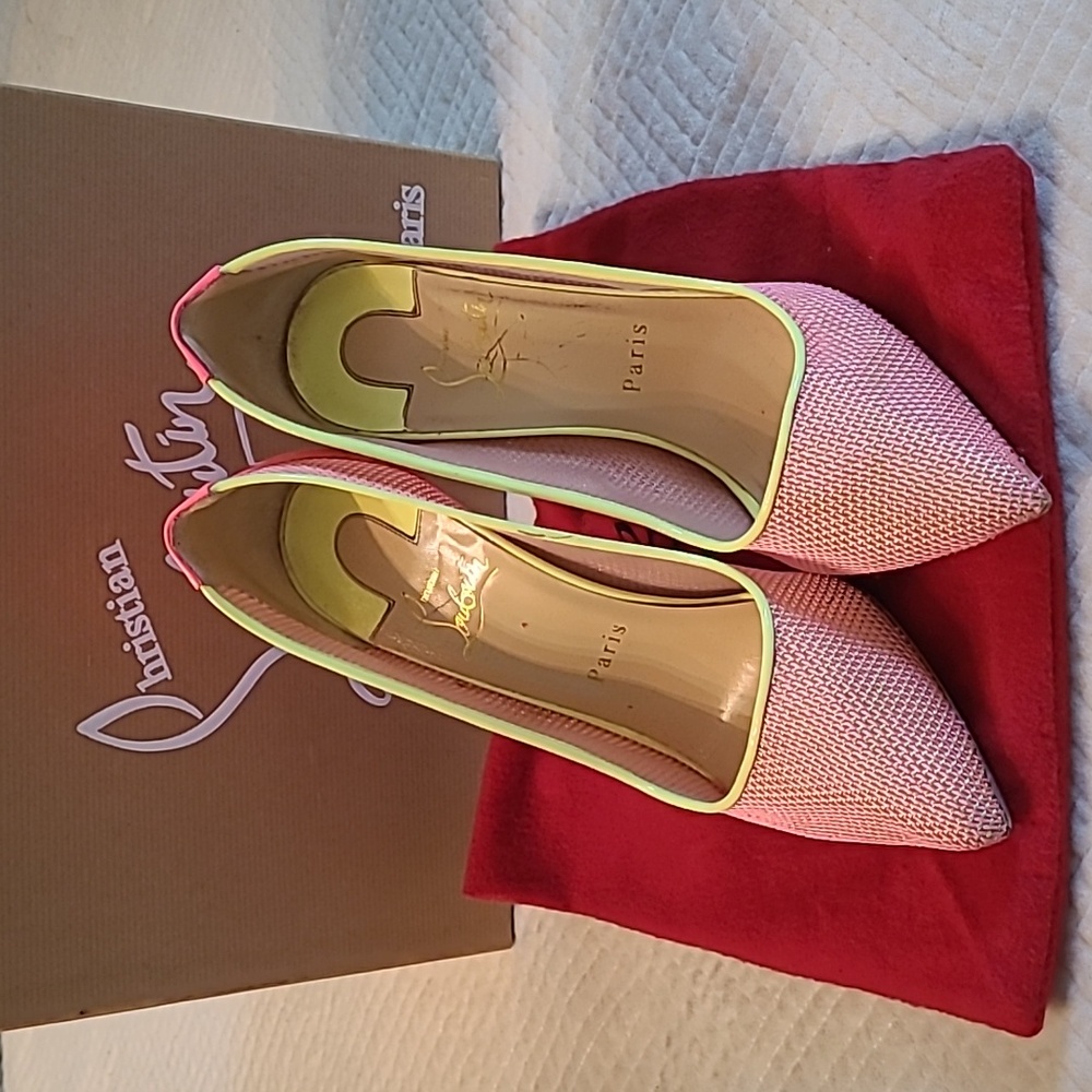 Christian Louboutin Follies Lace Raphia Flourescent Pumps, Size 38